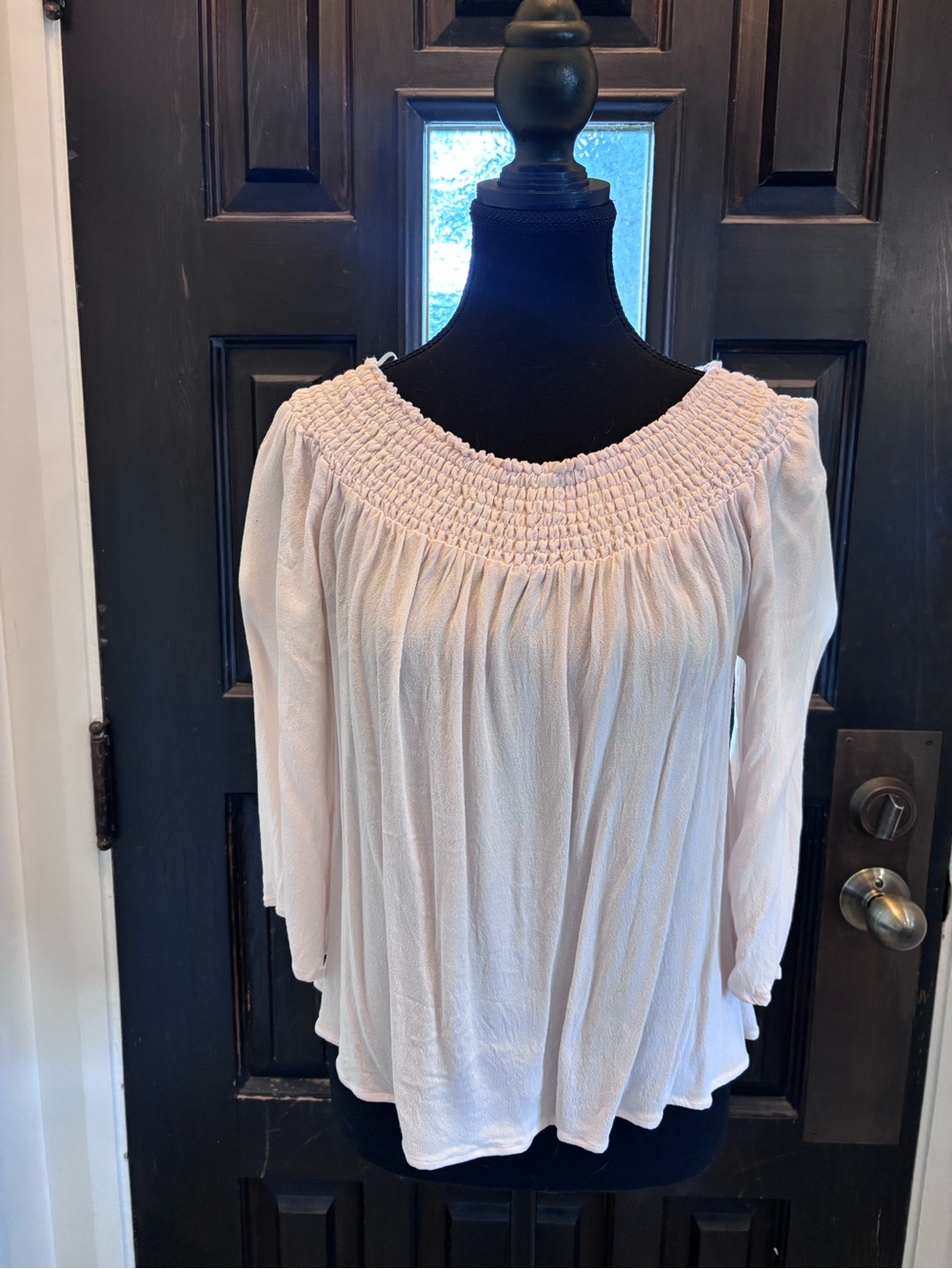 Aritzia Talula Light Pink Smocked Off-Shoulder Blouse